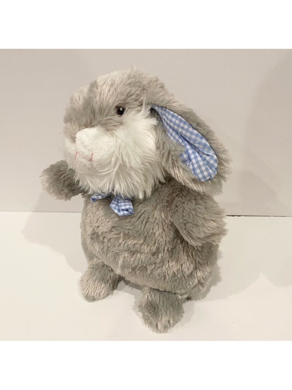Pier 1 Imports Bunny Plush Rabbit Stuffed Animal Gray Blue Gingham 10”